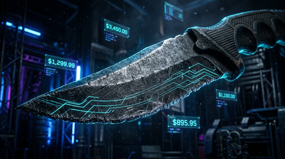 Macro close-up of a budget CS2 knife blade with neon data lines