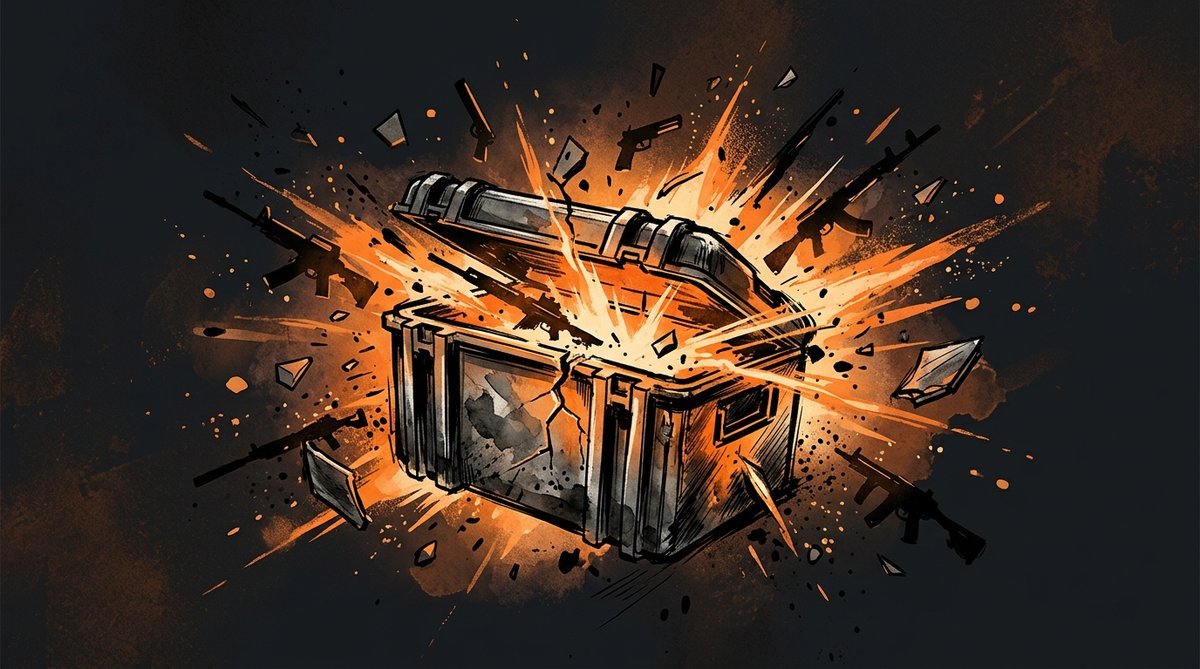 Illustration of a CS2 weapon case cracking open in dynamic motion