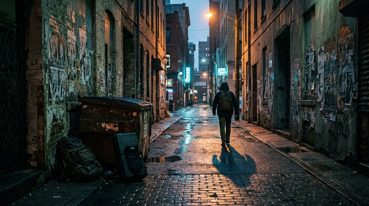Rain-soaked city alley at dusk