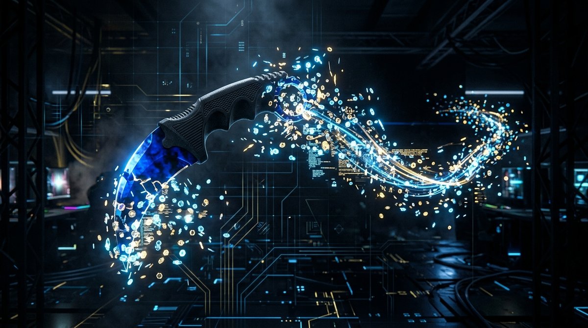CS2 knife fragmenting into glowing holographic data particles