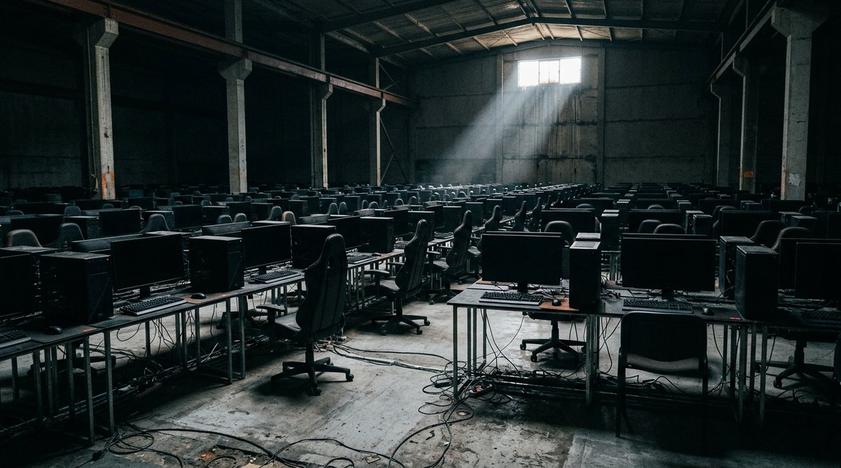 Rows of powered-down gaming rigs in a dim warehouse