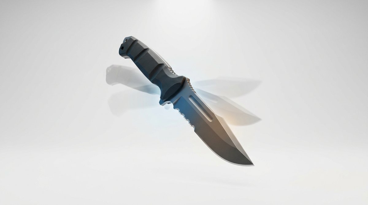 A knife rotating in mid-air on a clean white background