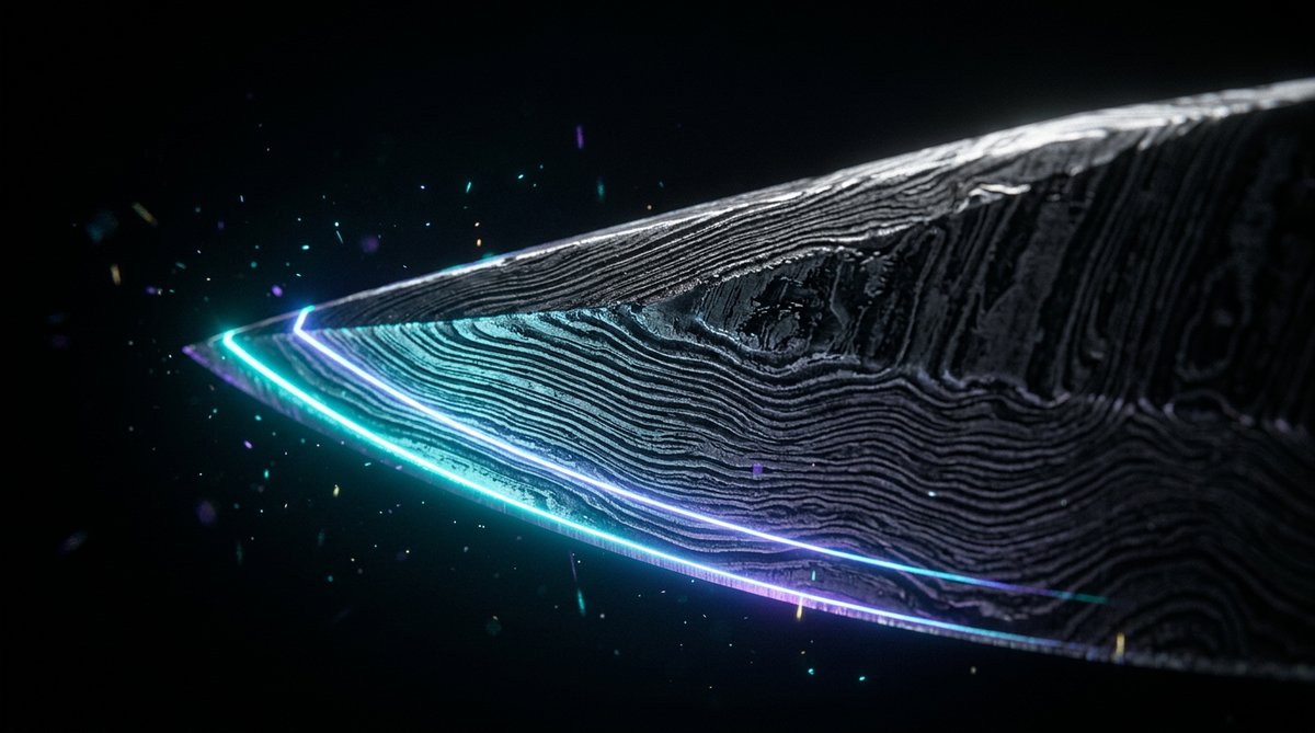 Macro close-up of a Damascus steel knife blade edge with a holographic scan line