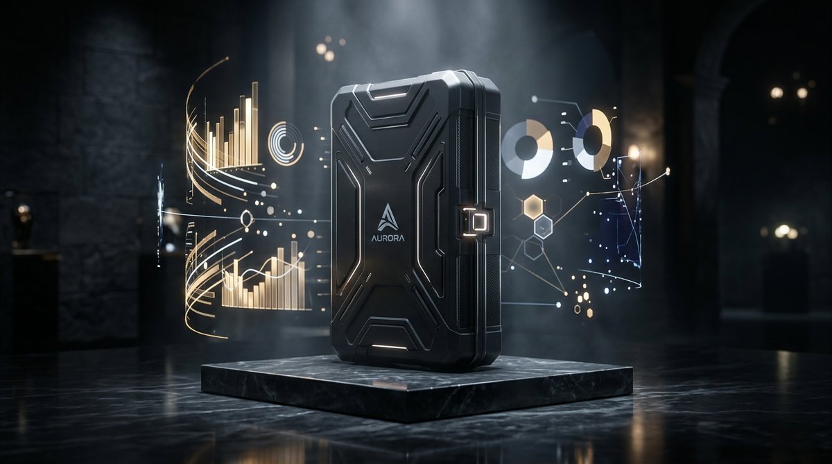 Sealed terminal container on a dark marble plinth with holographic price charts