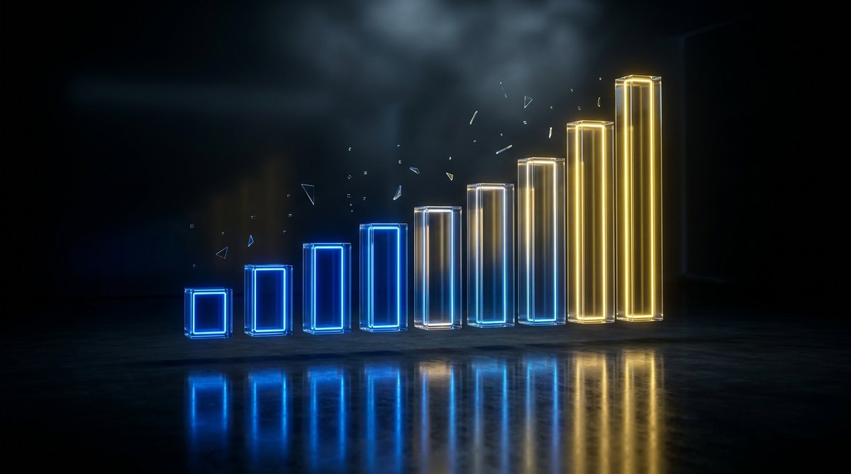 Minimalist glass columns of different heights arranged like a bar chart on a white studio floor