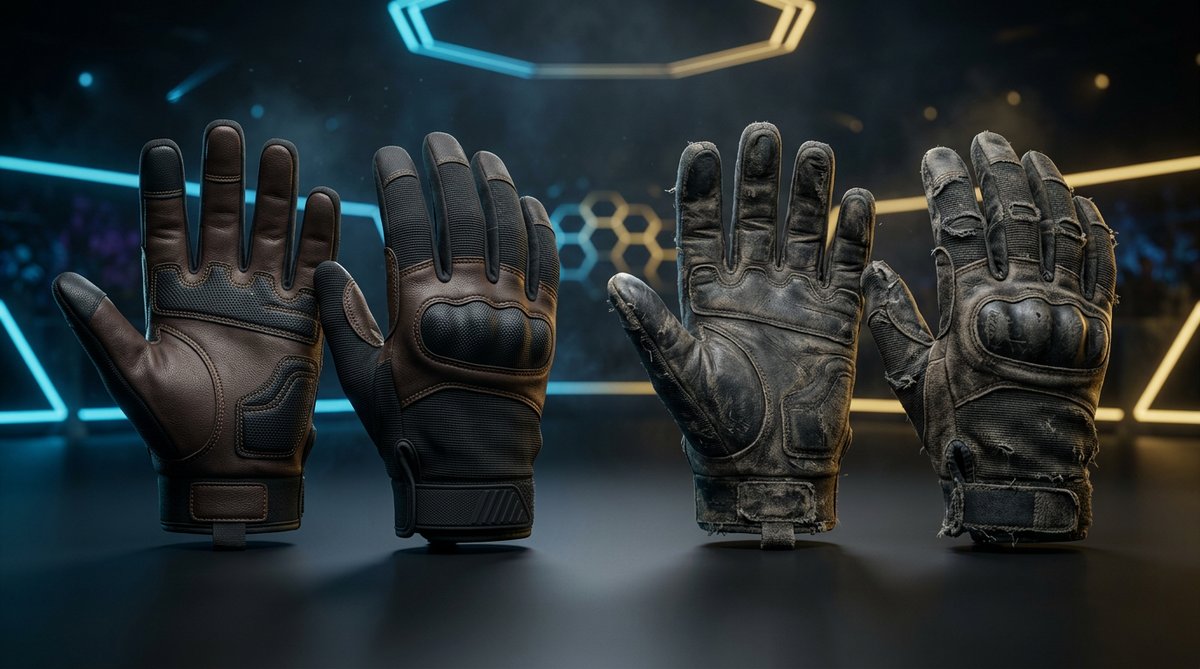 Two pairs of premium tactical gloves side by side, one pristine and one heavily worn