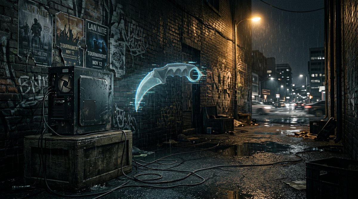 Rain-slicked alley with a translucent holographic knife projected on a brick wall