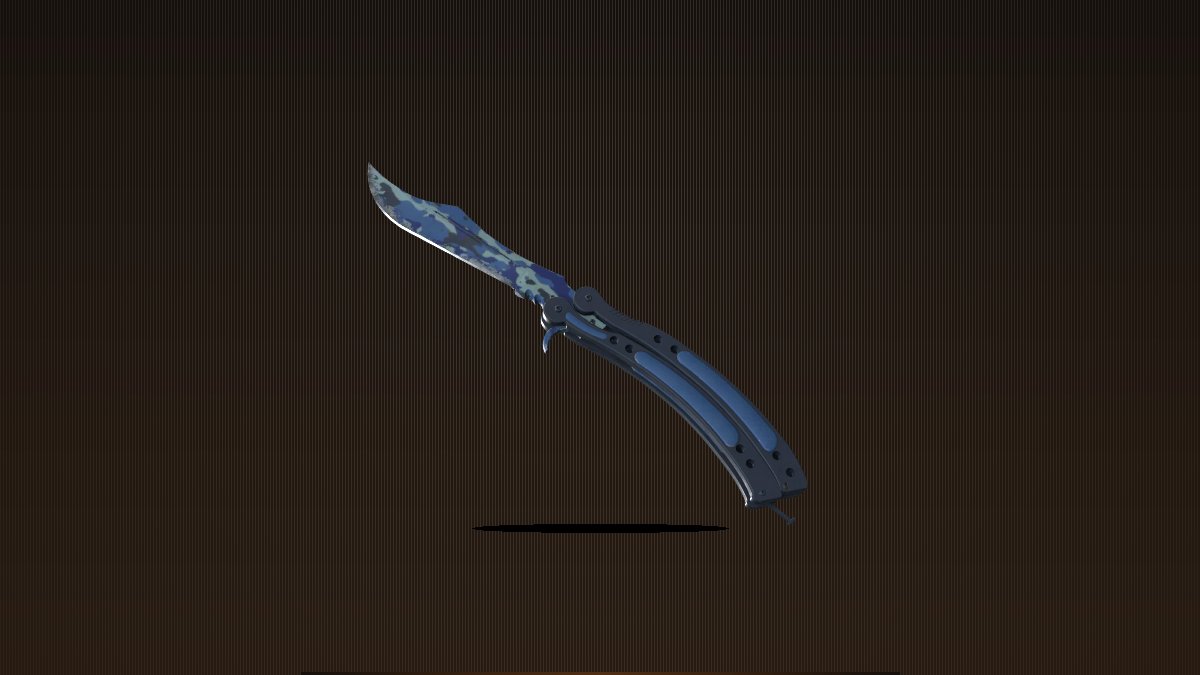Butterfly Knife Bright Water displayed on an industrial forge-style background