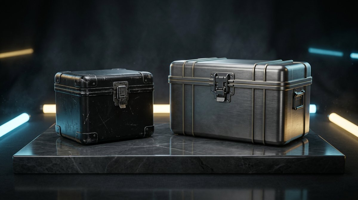 Two sealed CS2 weapon cases photographed side by side on a dark studio plinth