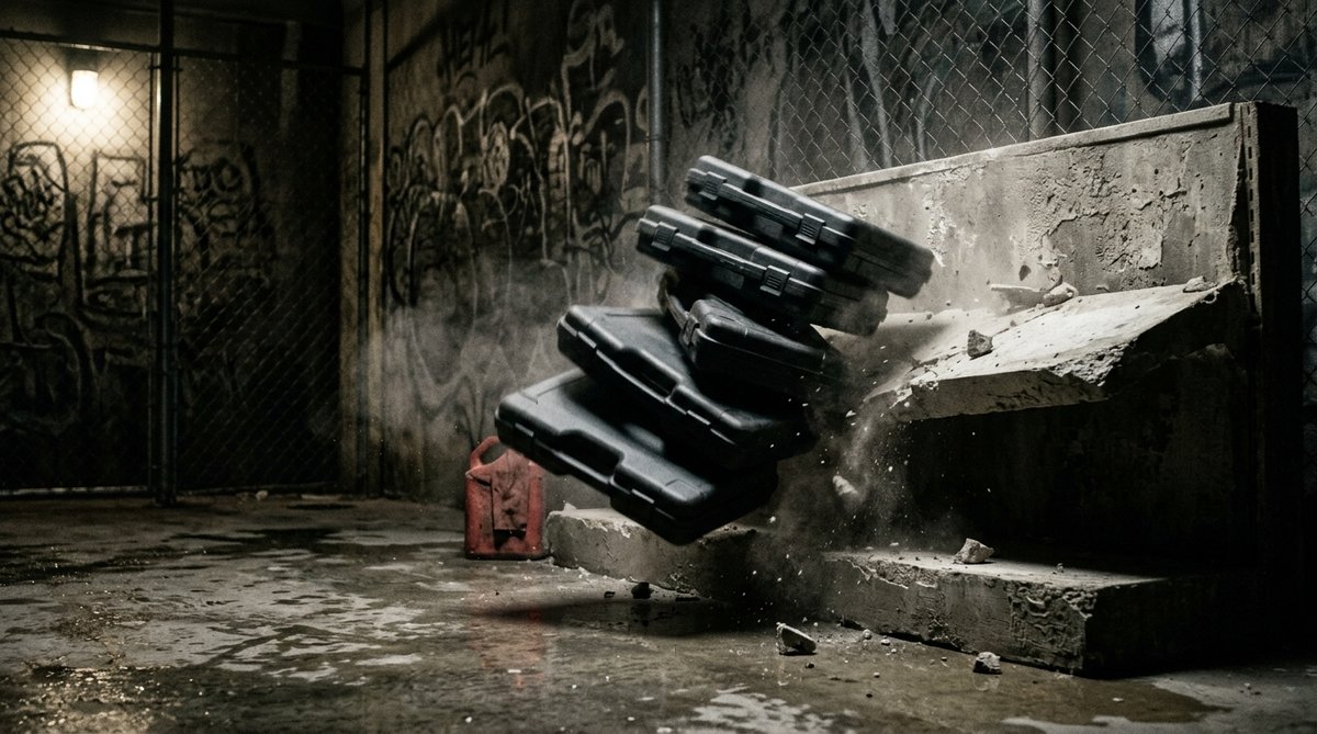 Sealed CS2 weapon cases tumbling off a shattered shelf in a gritty urban alley