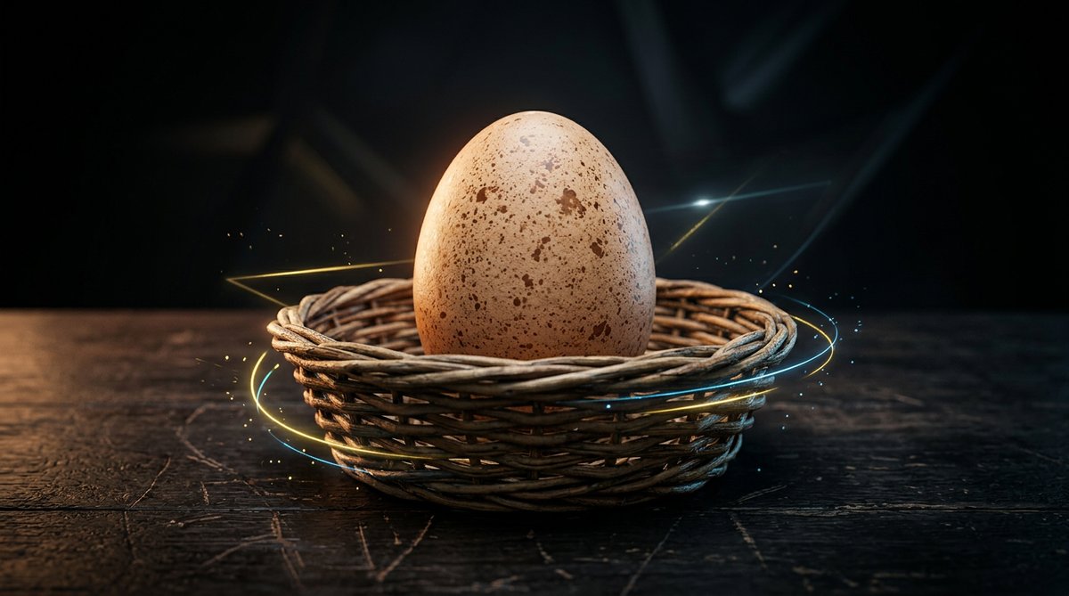 A speckled CS2 chicken egg in a wicker basket
