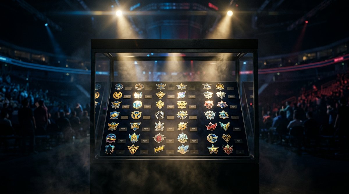 Souvenir stickers displayed in a glass case under spotlights