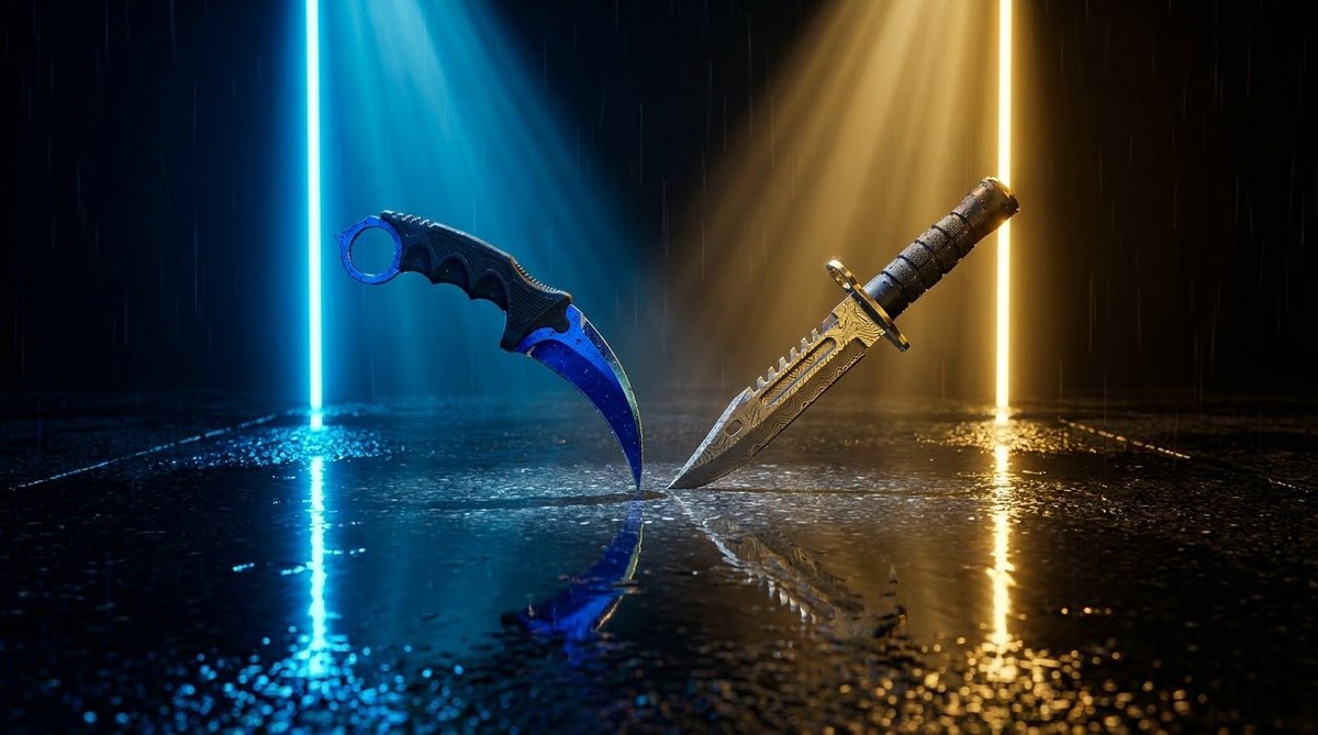 Two CS2 knives facing each other in a cinematic night scene