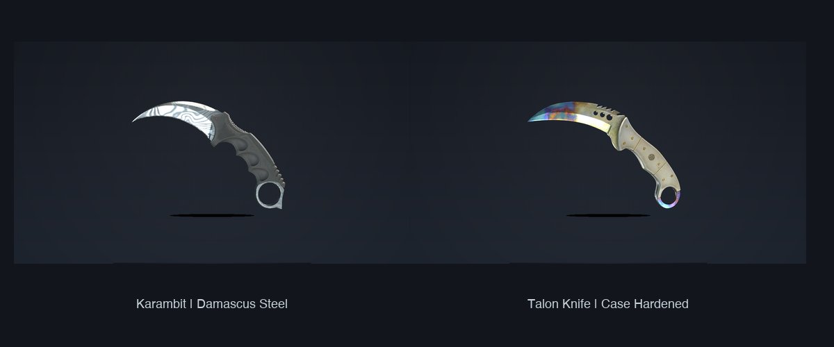 Karambit Damascus Steel and Talon Knife Case Hardened compared side by side