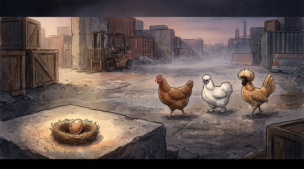 Illustrated scene of three CS2 pet chickens - a brown hen, a white silkie and a tan crested polish - standing in an industrial dockyard beside a nest holding a single speckled egg