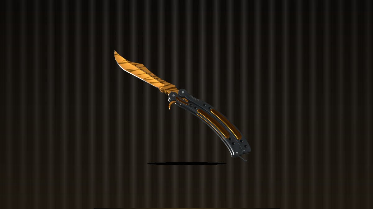 A Butterfly Knife Tiger Tooth composited on a dark luxury vault background