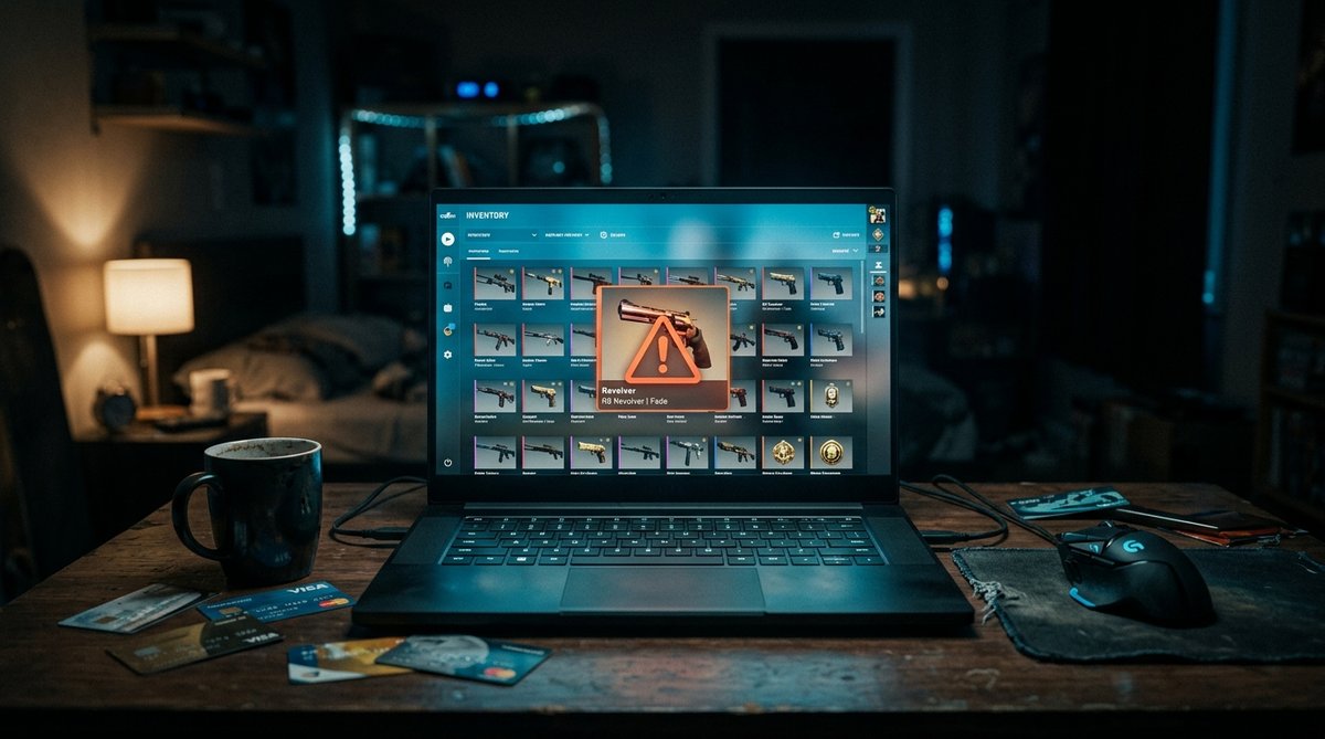 A dark desk at night with a Counter-Strike 2 inventory open and a trade warning flagged