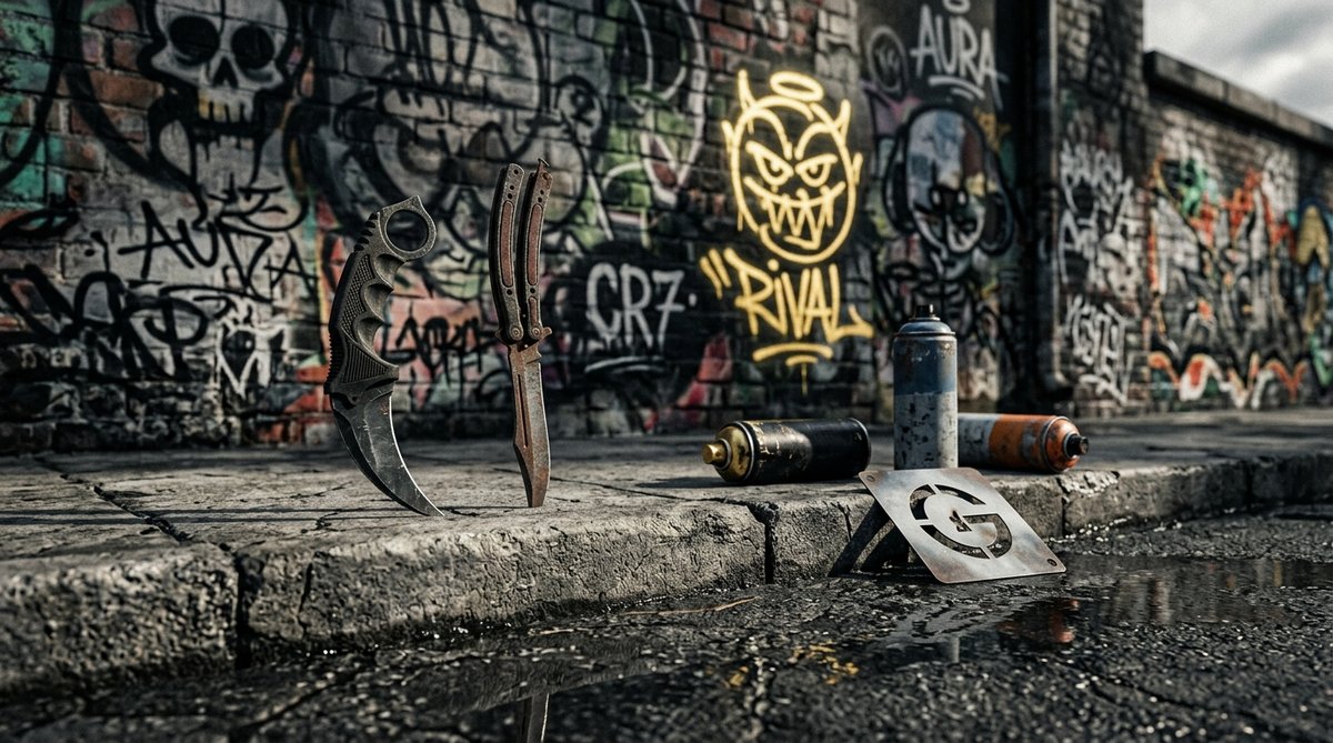 Two CS2 knife blades on cracked concrete beside a graffiti wall