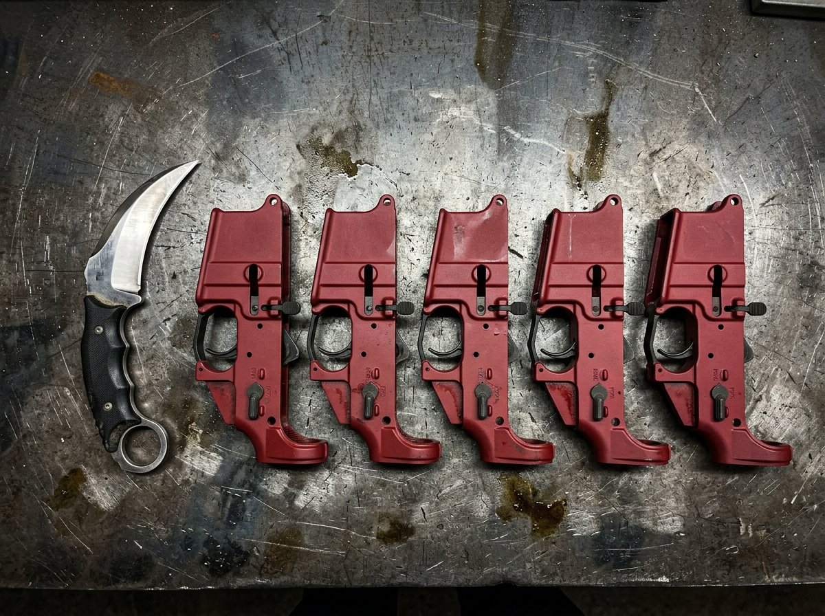 Five red rifle receivers and a knife laid out on a steel workbench