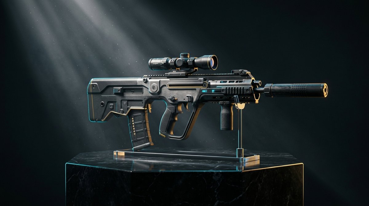 Premium bullpup rifle displayed under studio lighting