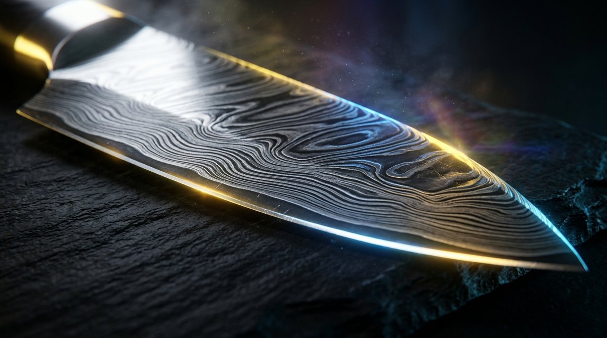 Macro close-up of a Damascus steel knife blade