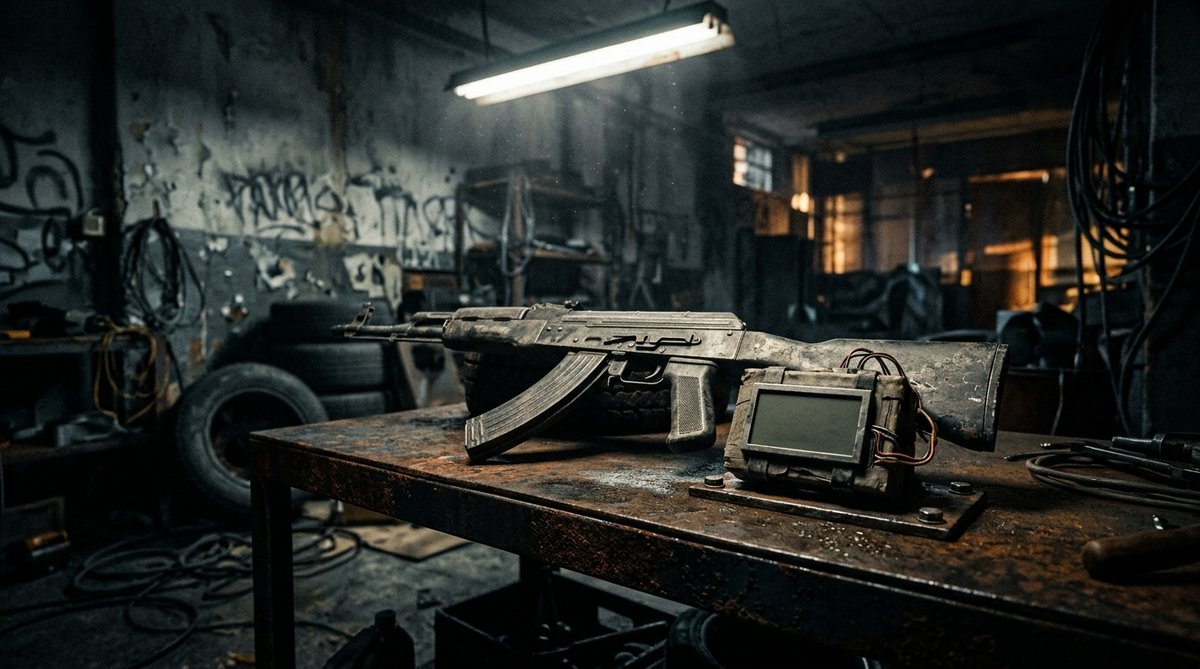 Worn rifle and kill counter on a workshop bench