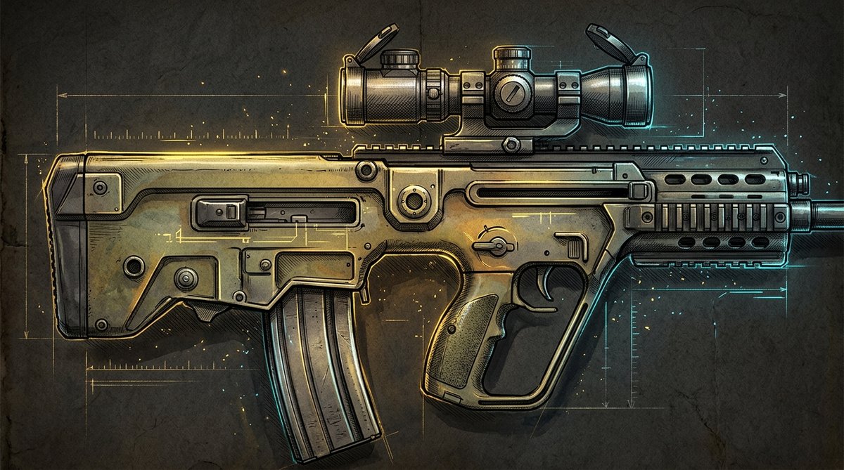 Hand-drawn technical illustration of a scoped bullpup rifle