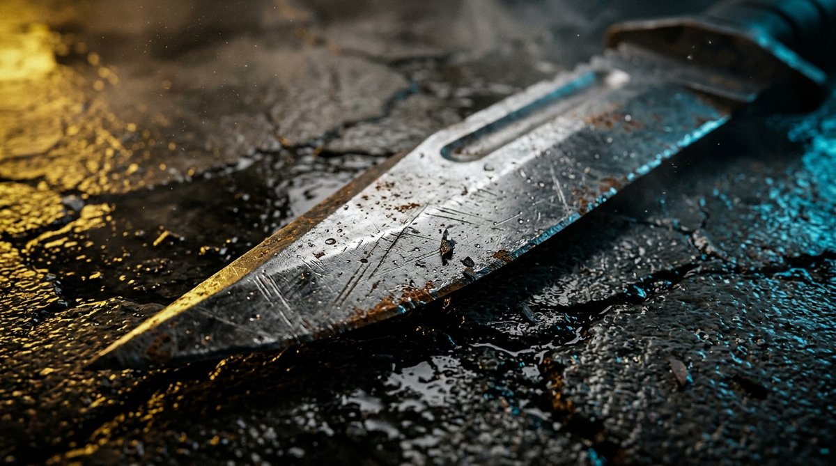 A worn blade resting on cracked concrete