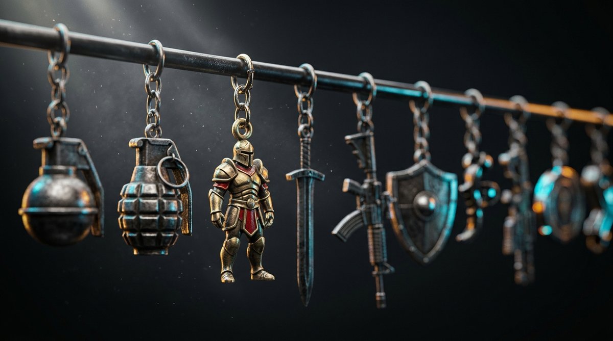 Macro photograph of CS2 weapon charms on a steel rail