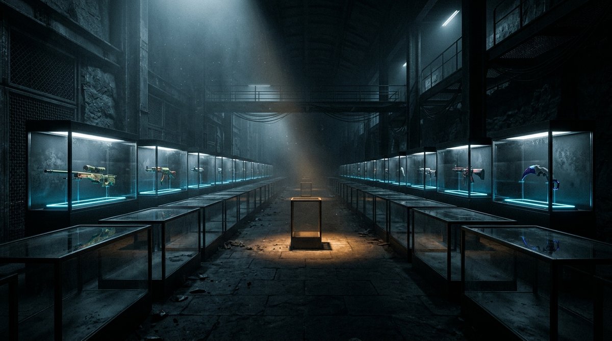 A dim vault of unlit skin display cases